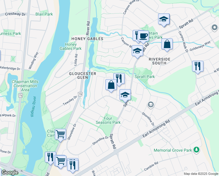 map of restaurants, bars, coffee shops, grocery stores, and more near Rainforest Drive in Ottawa