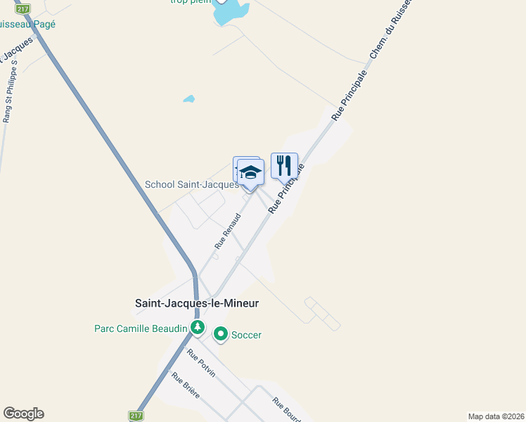 map of restaurants, bars, coffee shops, grocery stores, and more near 183 Rue Principale in Saint-Jacques-le-Mineur