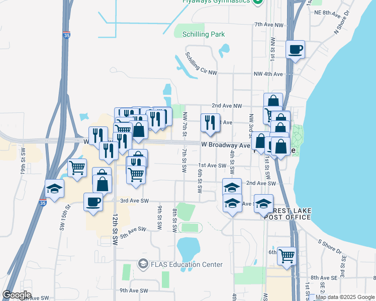 map of restaurants, bars, coffee shops, grocery stores, and more near 644 West Broadway Avenue in Forest Lake