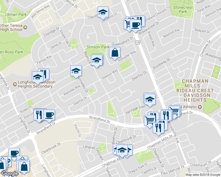 map of restaurants, bars, coffee shops, grocery stores, and more near 78 Deerfox Drive in Ottawa
