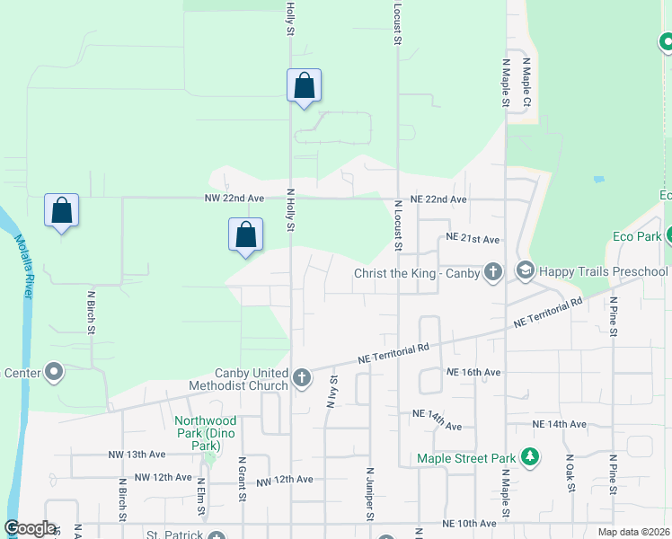 map of restaurants, bars, coffee shops, grocery stores, and more near 1948 North Ivy Street in Canby