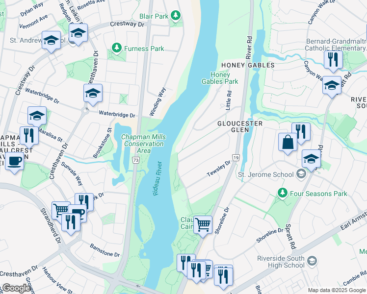 map of restaurants, bars, coffee shops, grocery stores, and more near 65 Ryeburn Drive in Ottawa