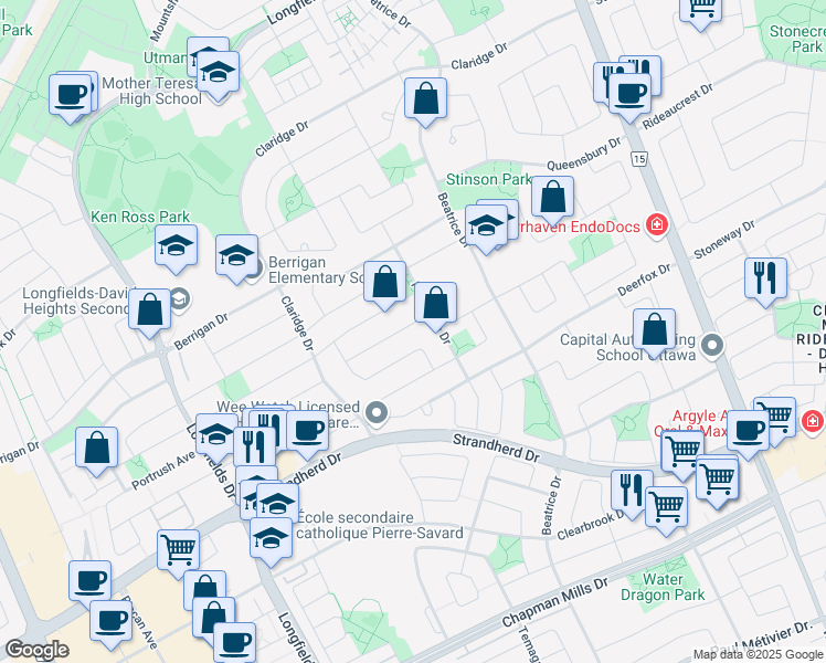 map of restaurants, bars, coffee shops, grocery stores, and more near 17 Alameda Way in Ottawa
