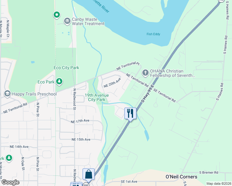 map of restaurants, bars, coffee shops, grocery stores, and more near 1896 Northeast 19th Avenue in Canby
