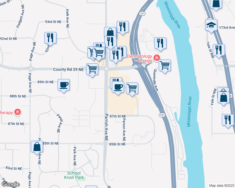 map of restaurants, bars, coffee shops, grocery stores, and more near 15800 87th Street Northeast in Otsego