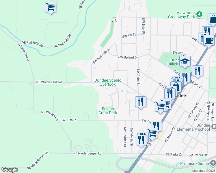 map of restaurants, bars, coffee shops, grocery stores, and more near 1038 Southwest Arrowhead Place in Dundee