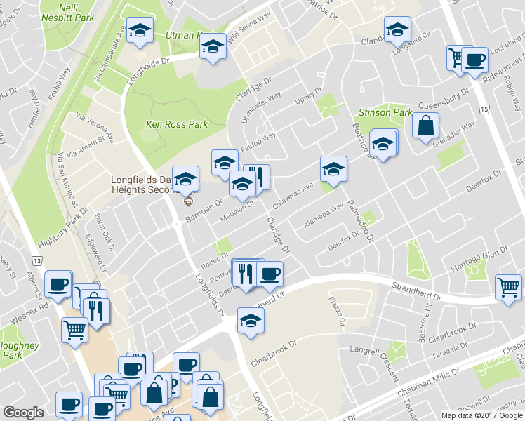 map of restaurants, bars, coffee shops, grocery stores, and more near 136 Calaveras Avenue in Ottawa