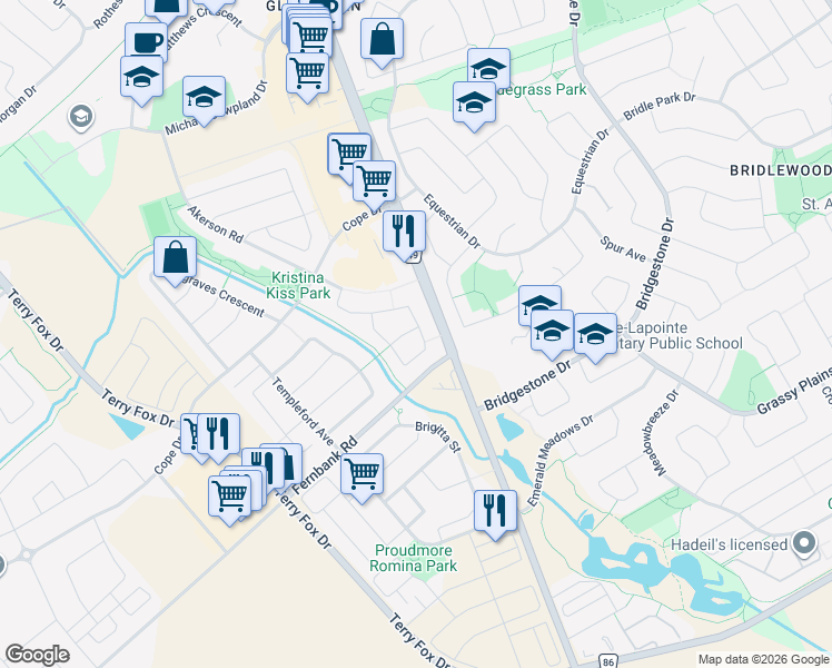 map of restaurants, bars, coffee shops, grocery stores, and more near 1500 Carronbridge Circle in Ottawa
