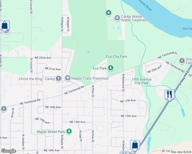 map of restaurants, bars, coffee shops, grocery stores, and more near 1200 Northeast Territorial Road in Canby