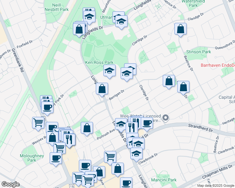 map of restaurants, bars, coffee shops, grocery stores, and more near Berrigan Drive in Ottawa