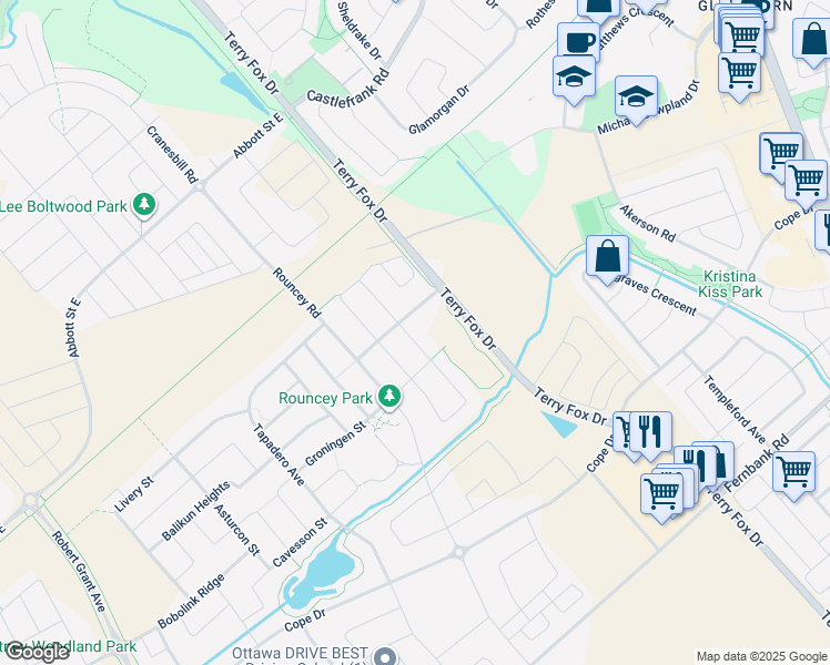 map of restaurants, bars, coffee shops, grocery stores, and more near 305 Andalusian Crescent in Ottawa