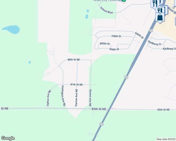 map of restaurants, bars, coffee shops, grocery stores, and more near 8839 Davern Avenue Northeast in Monticello