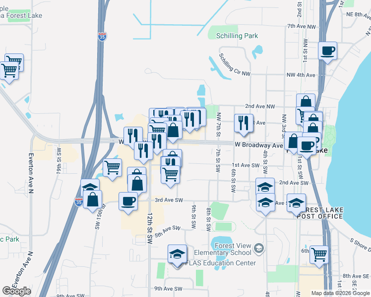 map of restaurants, bars, coffee shops, grocery stores, and more near 920 West Broadway Avenue in Forest Lake