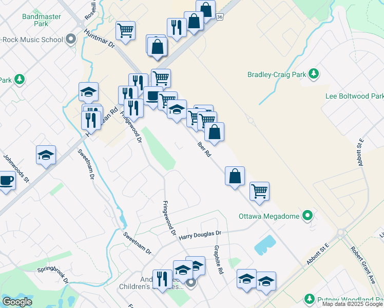 map of restaurants, bars, coffee shops, grocery stores, and more near 66 Iber Road in Ottawa