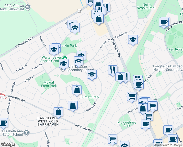 map of restaurants, bars, coffee shops, grocery stores, and more near Sweetbriar Circle in Ottawa