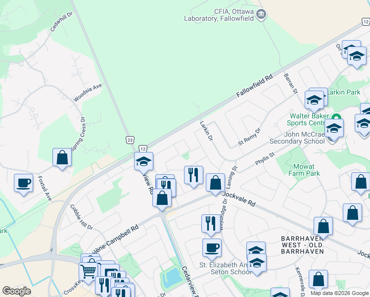 map of restaurants, bars, coffee shops, grocery stores, and more near 24 Pheasant Run Drive in Ottawa