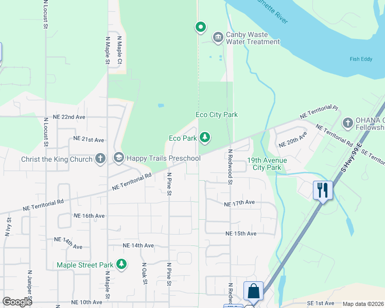 map of restaurants, bars, coffee shops, grocery stores, and more near 1335 Northeast Territorial Road in Canby
