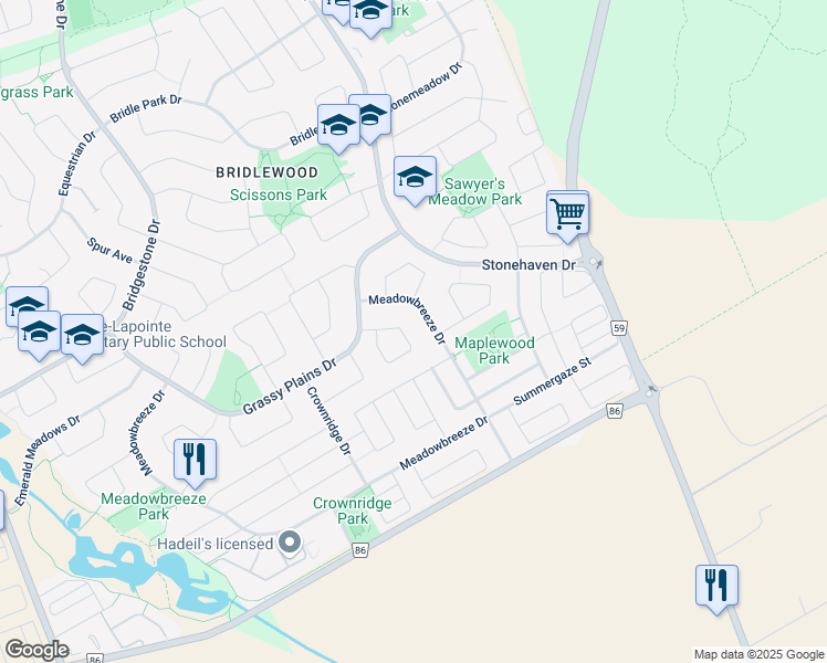 map of restaurants, bars, coffee shops, grocery stores, and more near 43 Flowertree Crescent in Ottawa