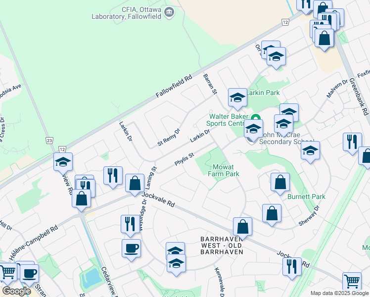 map of restaurants, bars, coffee shops, grocery stores, and more near 116 Larkin Drive in Ottawa