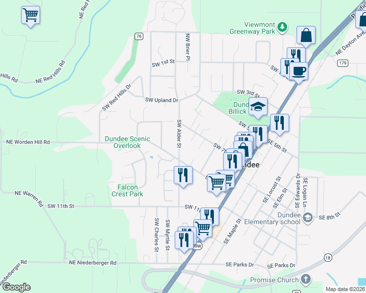 map of restaurants, bars, coffee shops, grocery stores, and more near 809 Southwest Alder Street in Dundee