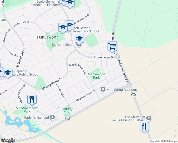 map of restaurants, bars, coffee shops, grocery stores, and more near 8 Glenrill Place in Ottawa