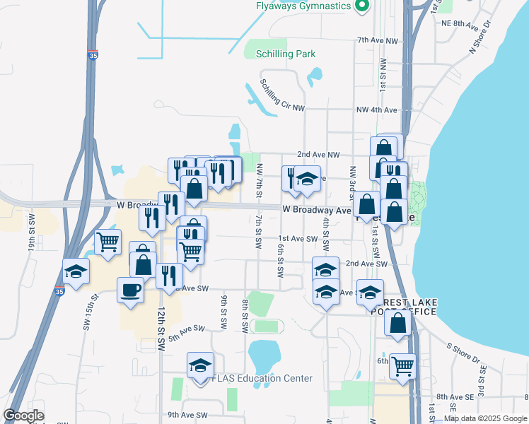map of restaurants, bars, coffee shops, grocery stores, and more near 644 West Broadway Avenue in Forest Lake