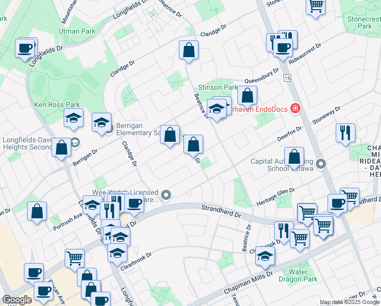 map of restaurants, bars, coffee shops, grocery stores, and more near 3 Alameda Way in Ottawa