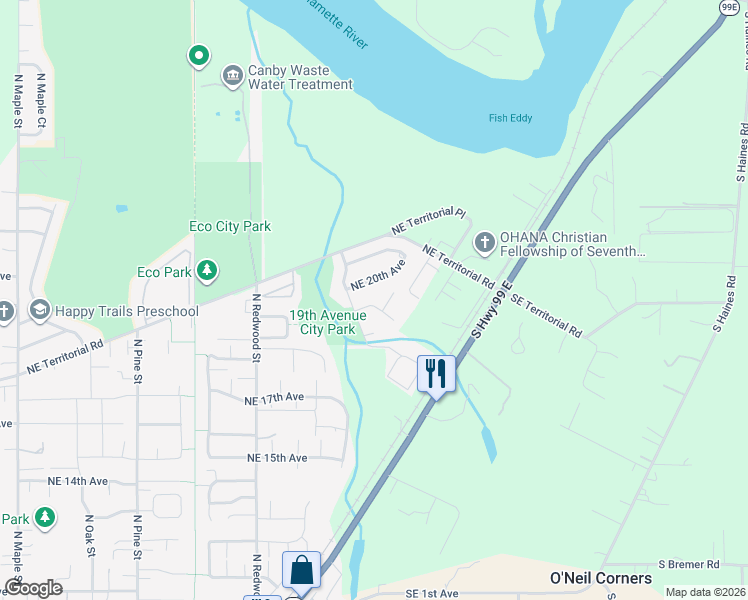 map of restaurants, bars, coffee shops, grocery stores, and more near 1896 Northeast 19th Avenue in Canby