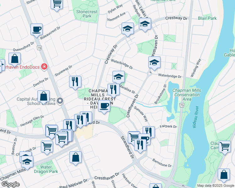 map of restaurants, bars, coffee shops, grocery stores, and more near 62 Hathaway Drive in Ottawa