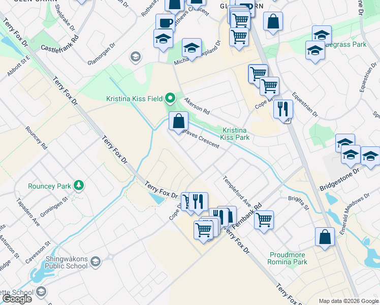 map of restaurants, bars, coffee shops, grocery stores, and more near 1201 Alson Mills Way in Ottawa