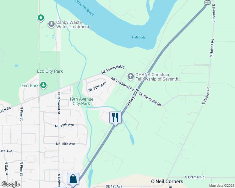 map of restaurants, bars, coffee shops, grocery stores, and more near 2127 Northeast 20th Avenue in Canby