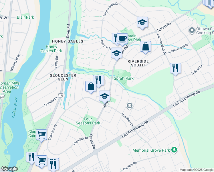 map of restaurants, bars, coffee shops, grocery stores, and more near 4222 Owl Valley Drive in Ottawa