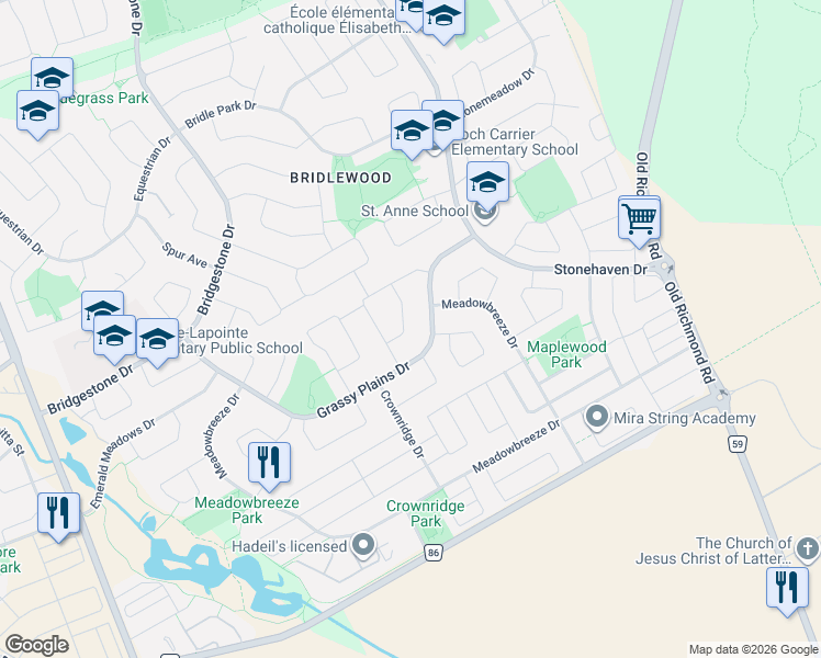 map of restaurants, bars, coffee shops, grocery stores, and more near 14 Wynridge Place in Ottawa