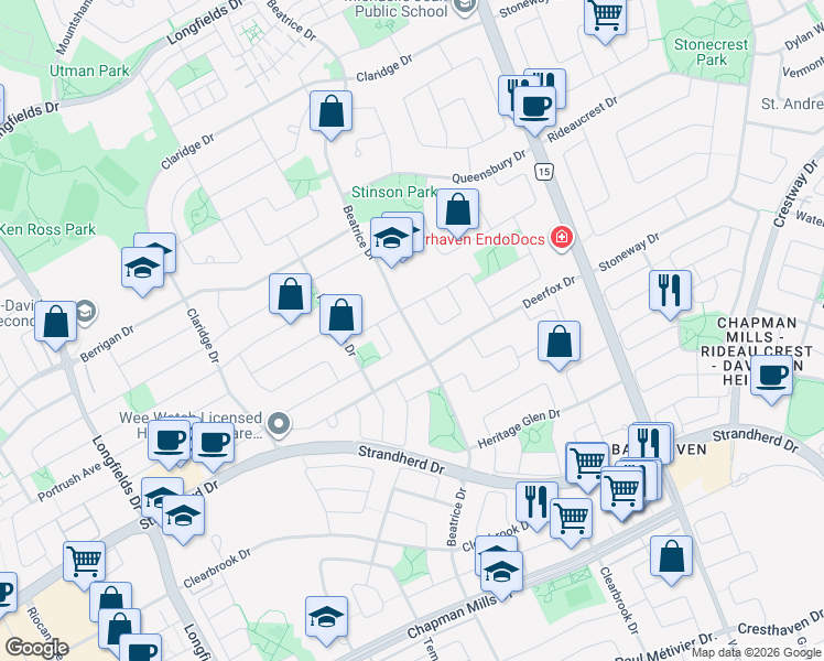 map of restaurants, bars, coffee shops, grocery stores, and more near Beatrice Drive in Ottawa