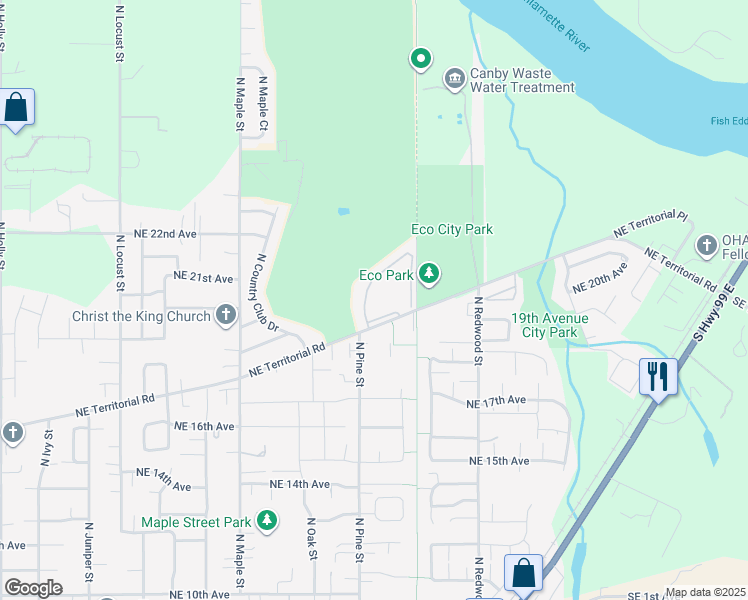 map of restaurants, bars, coffee shops, grocery stores, and more near 1200 Northeast Territorial Road in Canby