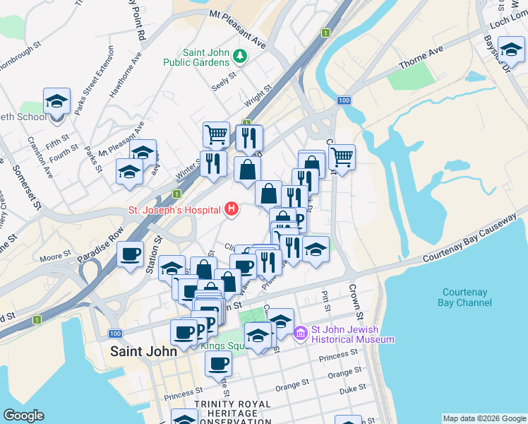 map of restaurants, bars, coffee shops, grocery stores, and more near 20 Golding Street in Saint John