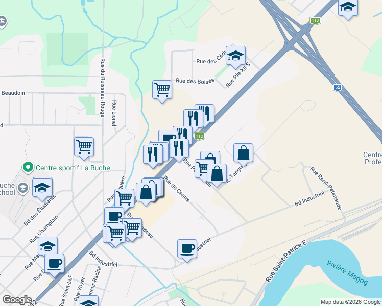 map of restaurants, bars, coffee shops, grocery stores, and more near 1900 Rue Sherbrooke in Magog