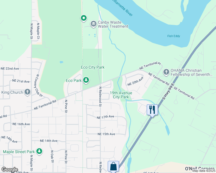 map of restaurants, bars, coffee shops, grocery stores, and more near 2040 North Redwood Street in Canby