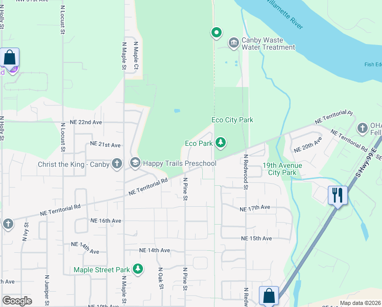 map of restaurants, bars, coffee shops, grocery stores, and more near 1200 Northeast Territorial Road in Canby