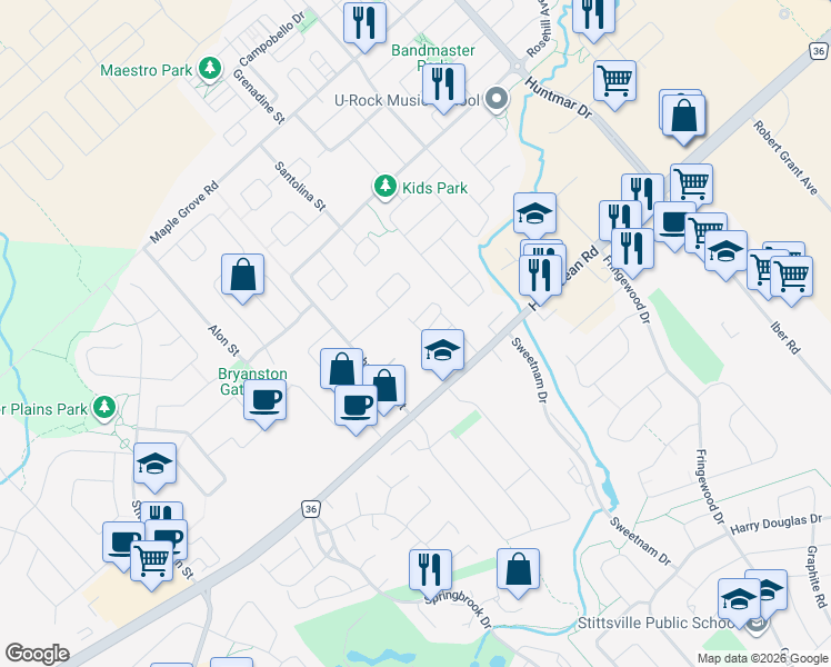 map of restaurants, bars, coffee shops, grocery stores, and more near 54 Bradley Green Court in Ottawa