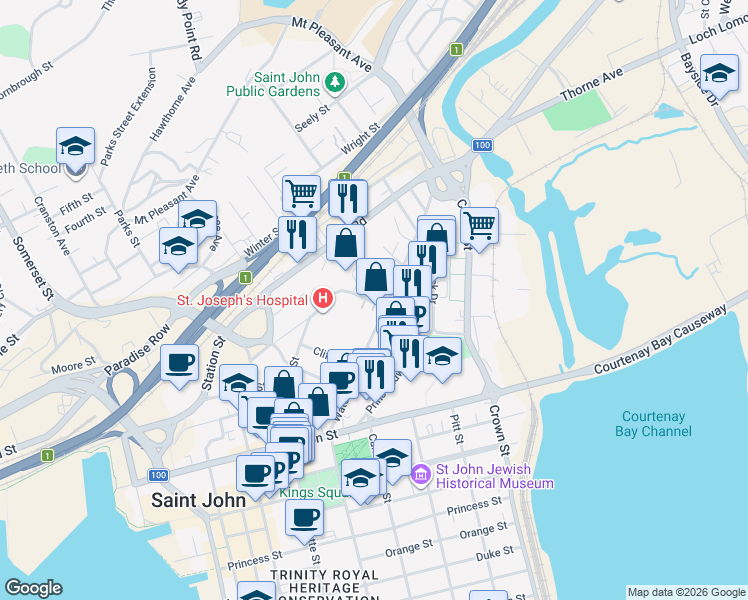 map of restaurants, bars, coffee shops, grocery stores, and more near 15 Golding Street in Saint John