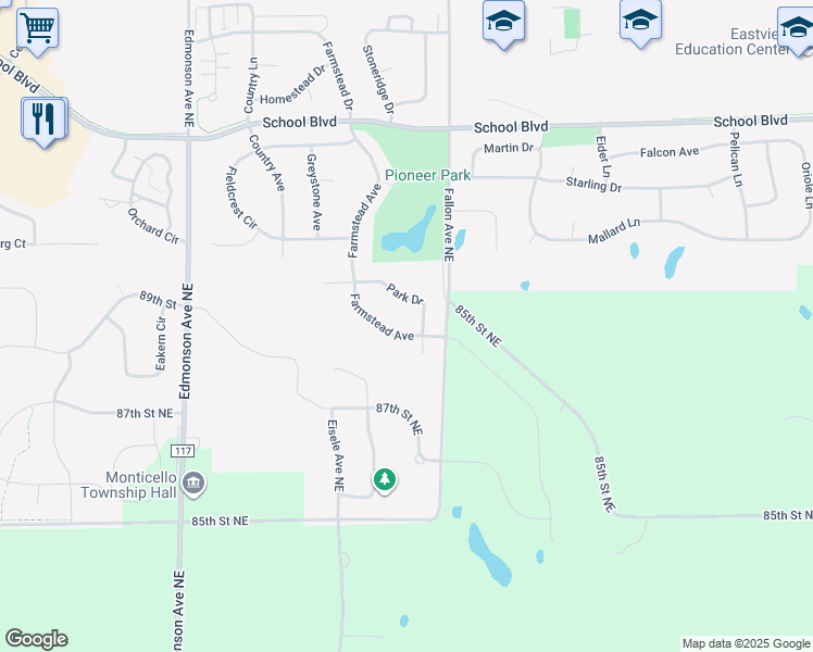 map of restaurants, bars, coffee shops, grocery stores, and more near 8839 Farmstead Court in Monticello