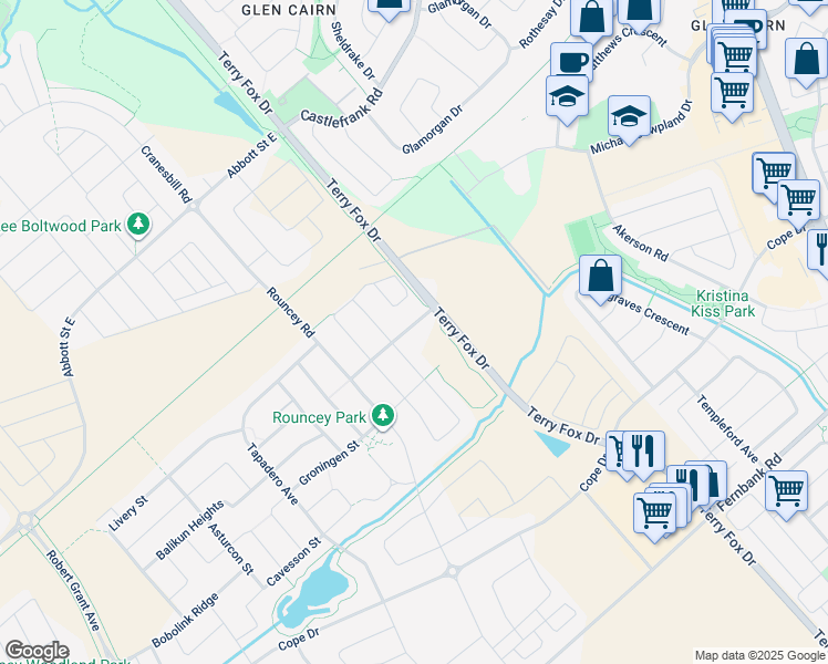 map of restaurants, bars, coffee shops, grocery stores, and more near 305 Andalusian Crescent in Ottawa