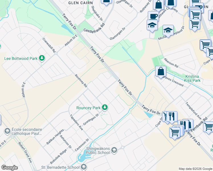 map of restaurants, bars, coffee shops, grocery stores, and more near 207 Losino Crescent in Ottawa