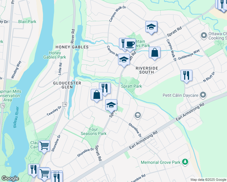 map of restaurants, bars, coffee shops, grocery stores, and more near 4232 Owl Valley Drive in Ottawa