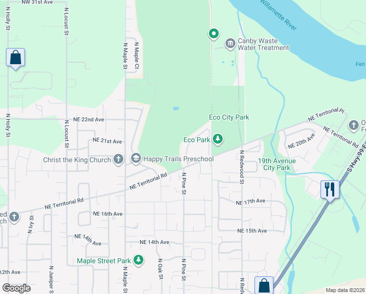 map of restaurants, bars, coffee shops, grocery stores, and more near 1200 Northeast Territorial Road in Canby