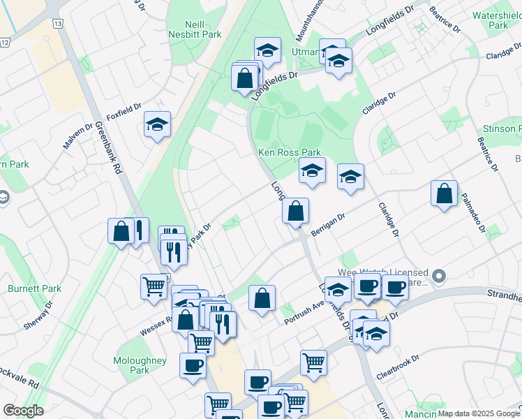map of restaurants, bars, coffee shops, grocery stores, and more near 52 North Harrow Drive in Ottawa