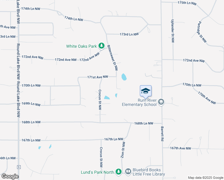 map of restaurants, bars, coffee shops, grocery stores, and more near 17020 Bittersweet Street Northwest in Andover