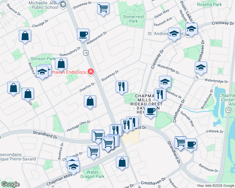 map of restaurants, bars, coffee shops, grocery stores, and more near 8 Westwinds Place in Ottawa