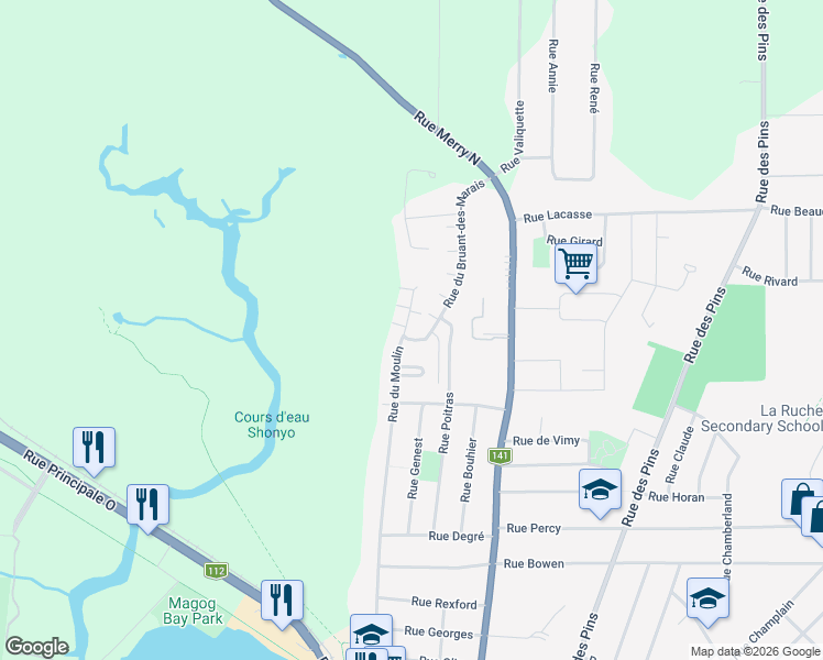 map of restaurants, bars, coffee shops, grocery stores, and more near 1016 Rue du Moulin in Magog